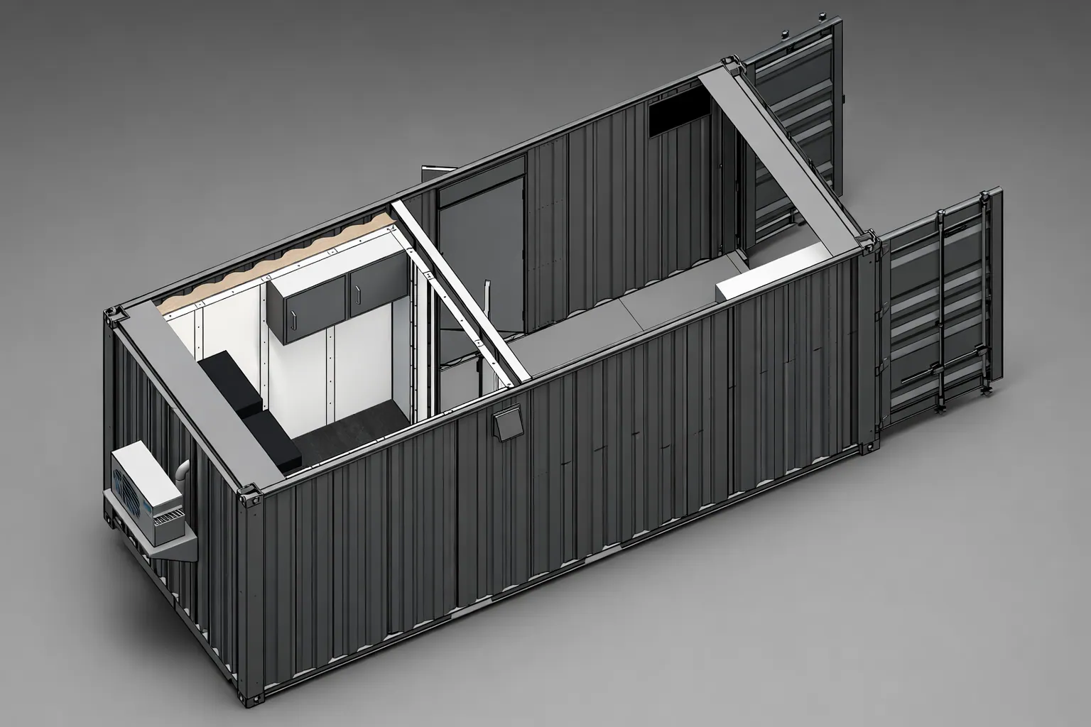 Cutaway render of a container fitted out with a secure workstation