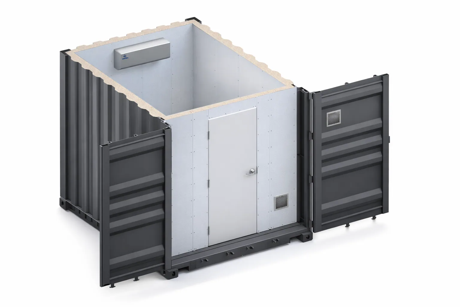 Shielded container shelter with insulated interior and secure door