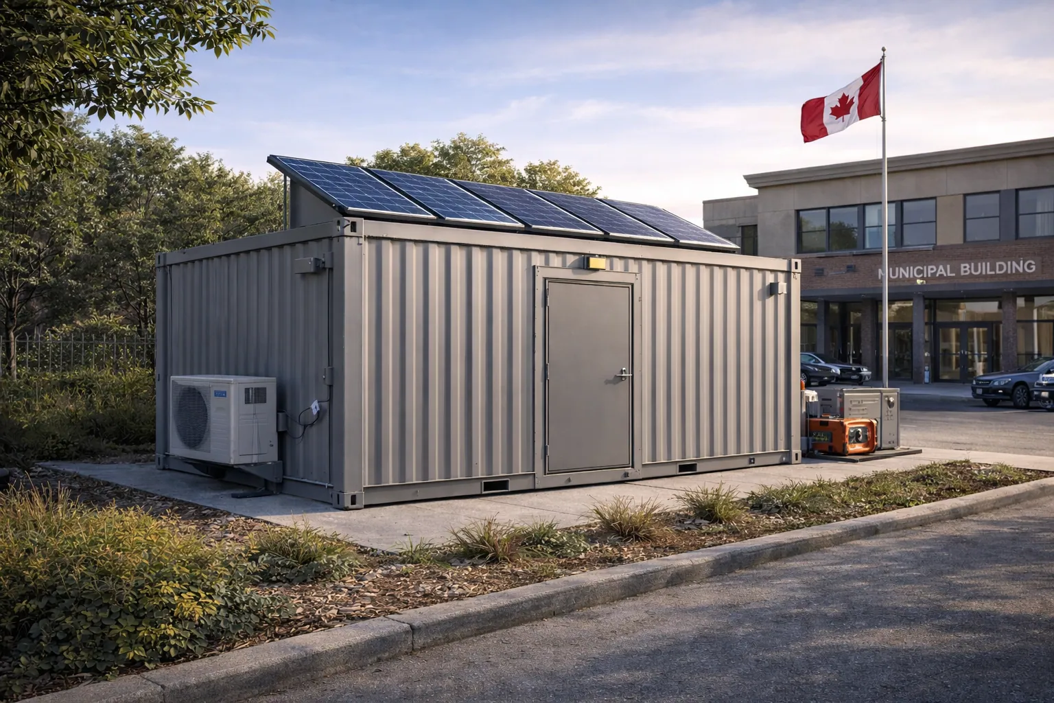 Solar-powered secure equipment shelter outside a municipal building