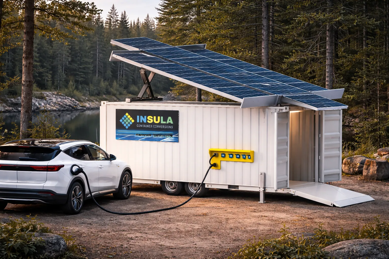 Insula solar trailer charging an electric vehicle at a remote lakeside site