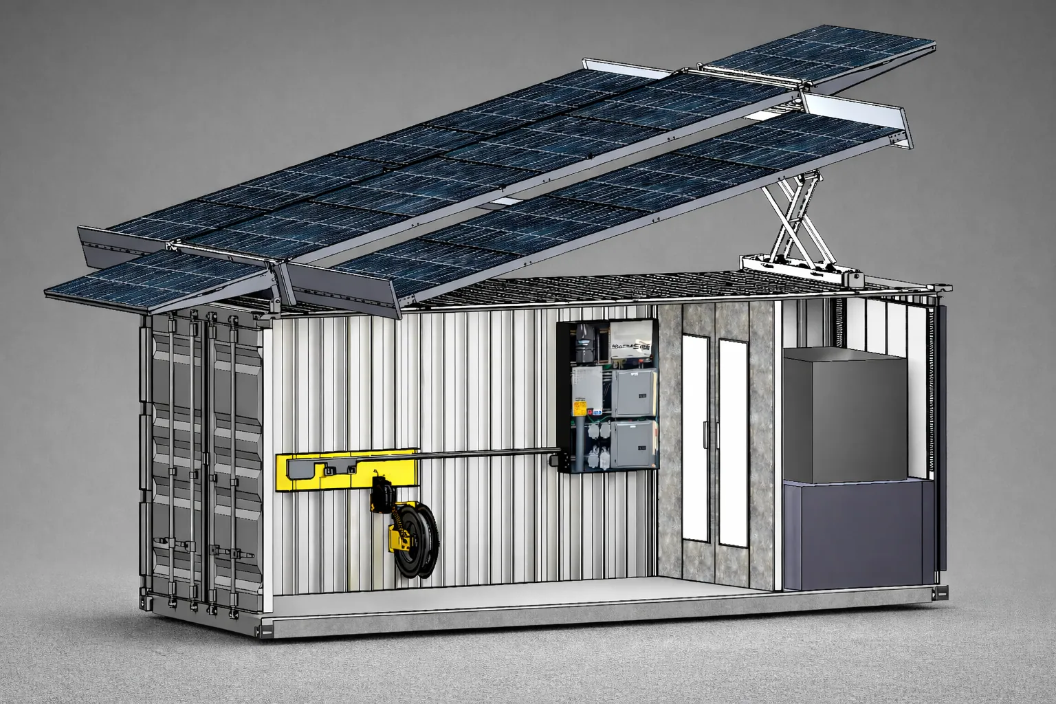 Container with an expandable solar array deployed and power equipment inside