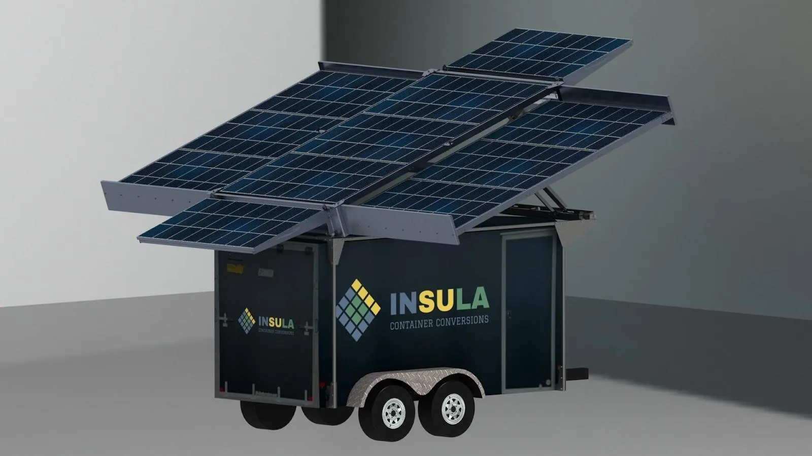Expandable solar array deployed on an Insula tandem-axle trailer