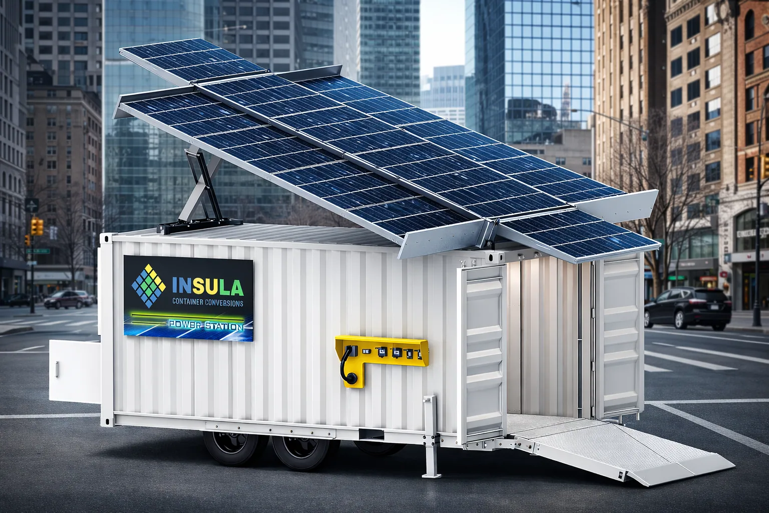 Insula solar container trailer with its ramp lowered on a city street