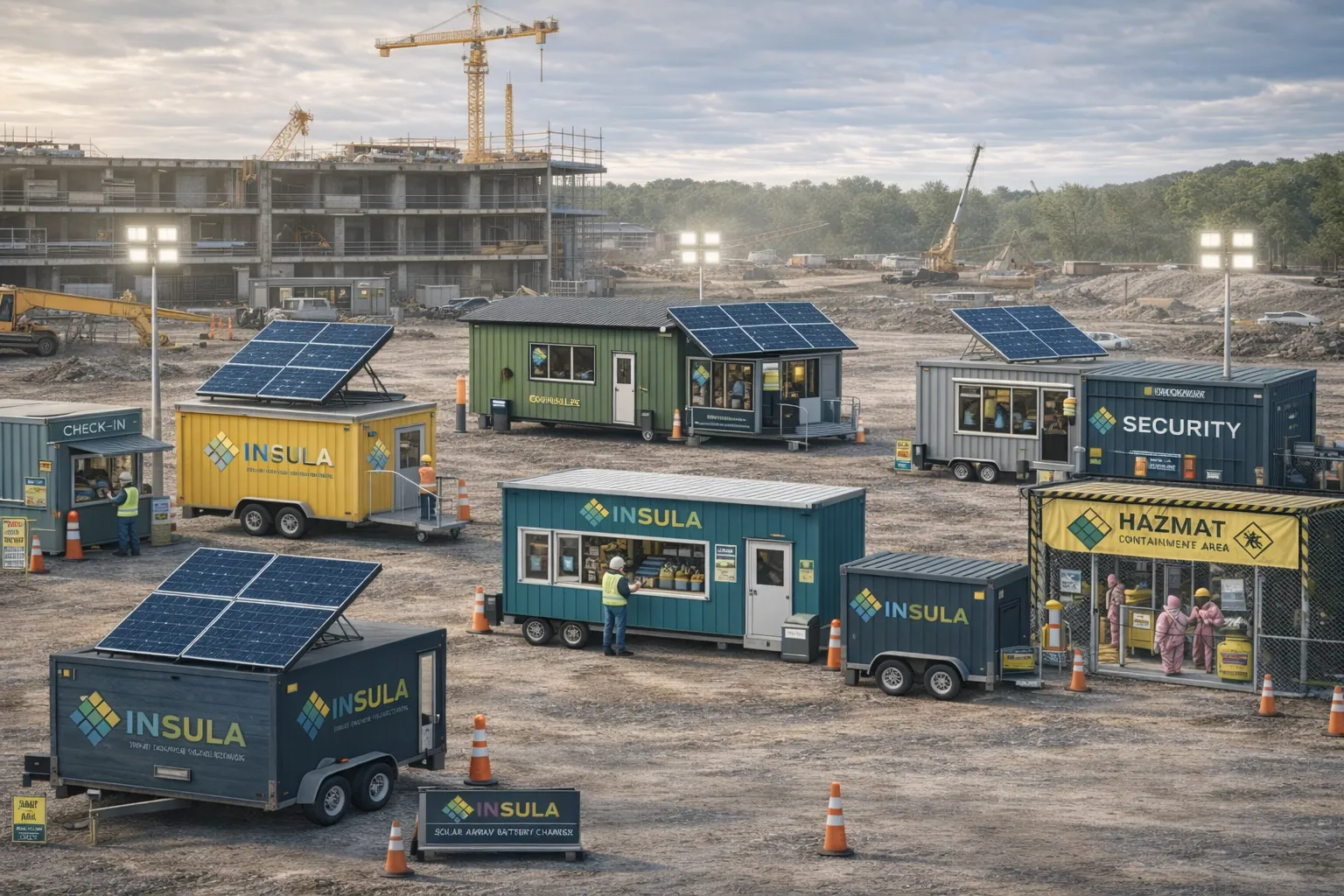 Insula mobile units with solar arrays deployed across a construction site