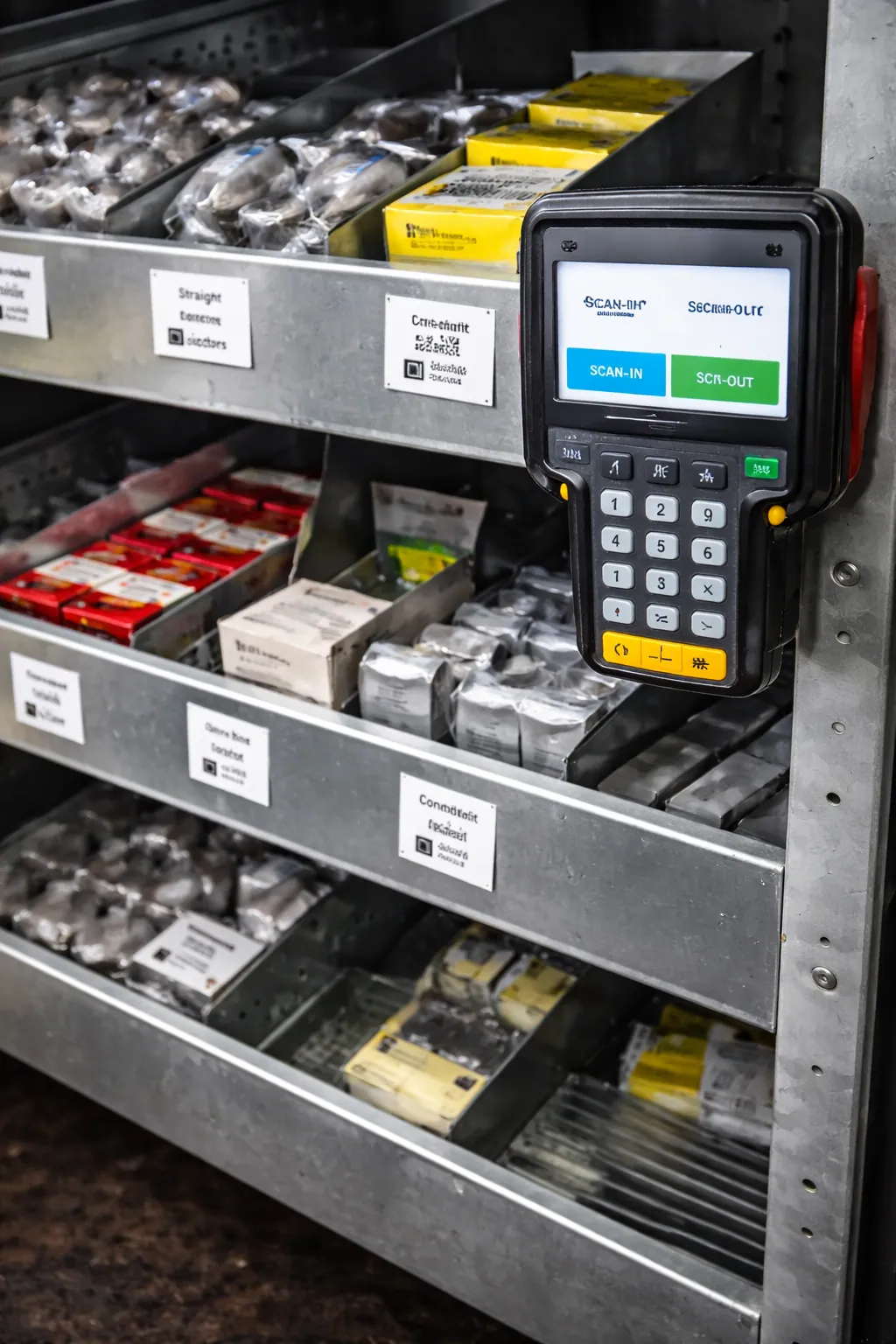 Organized parts bins on container shelving with a handheld barcode scanner