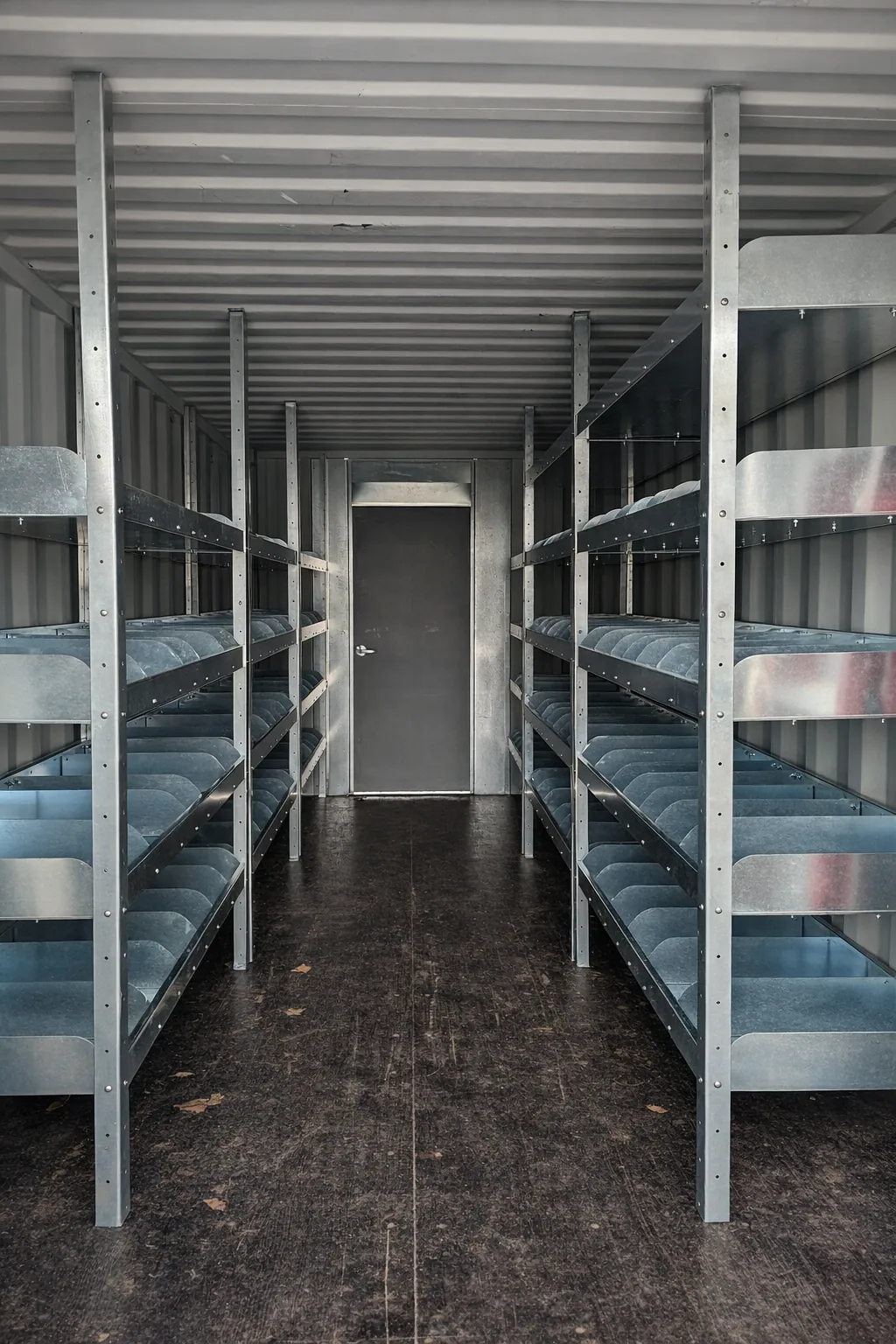 Aisle of galvanized shelving inside a storage container