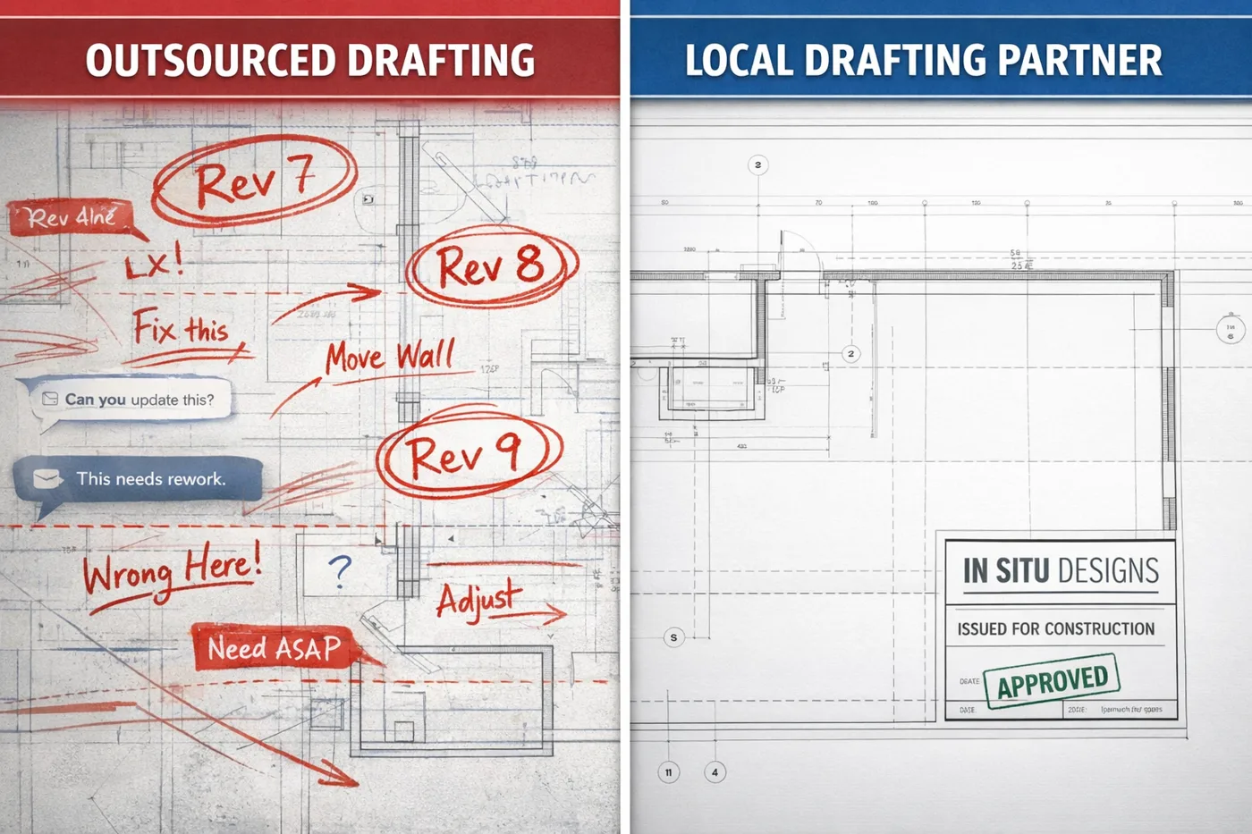 Comparison of heavily revised outsourced drawings and clean In Situ Designs drawings issued for construction