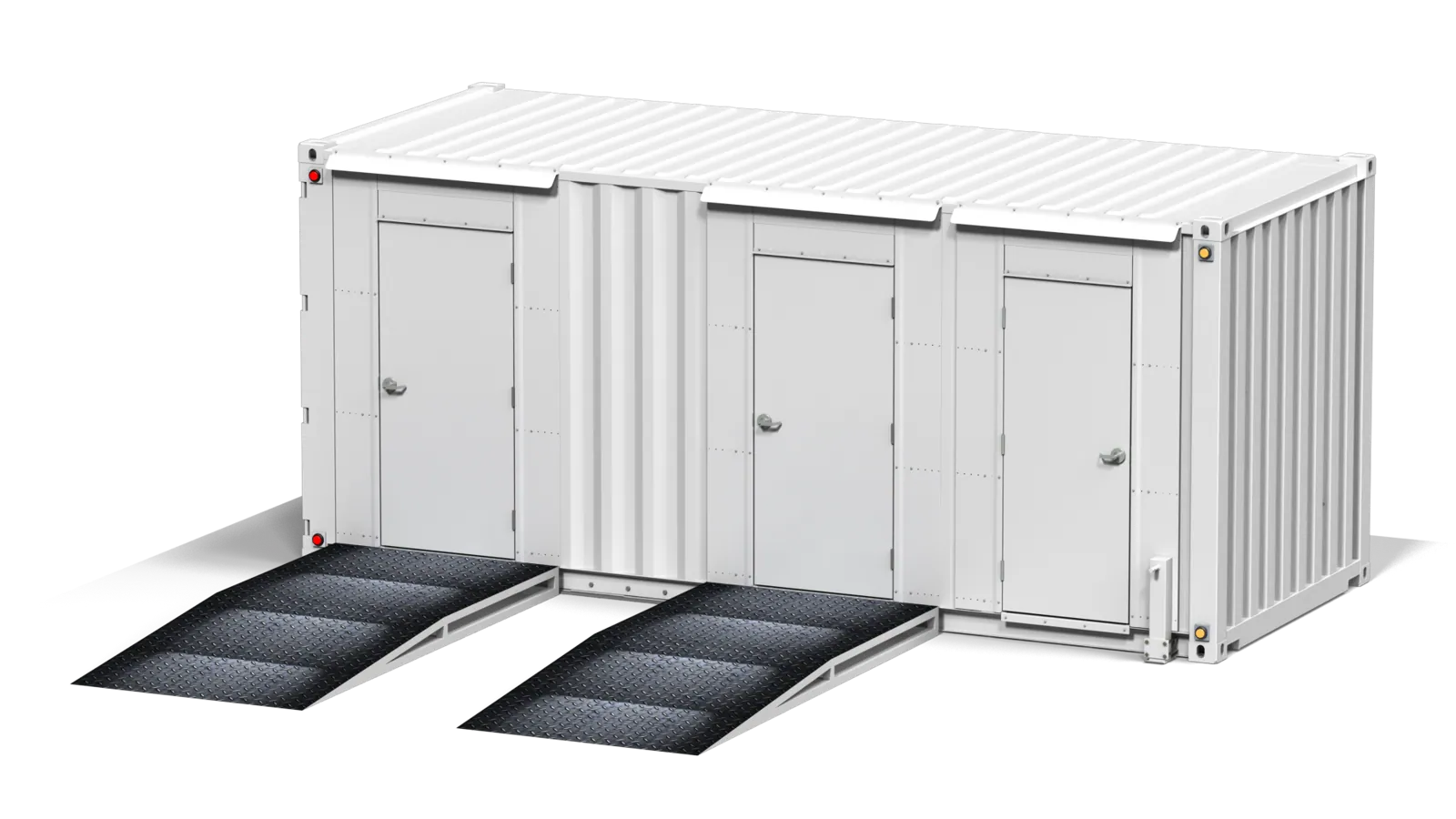 Container washroom lowered to ground level with access ramps