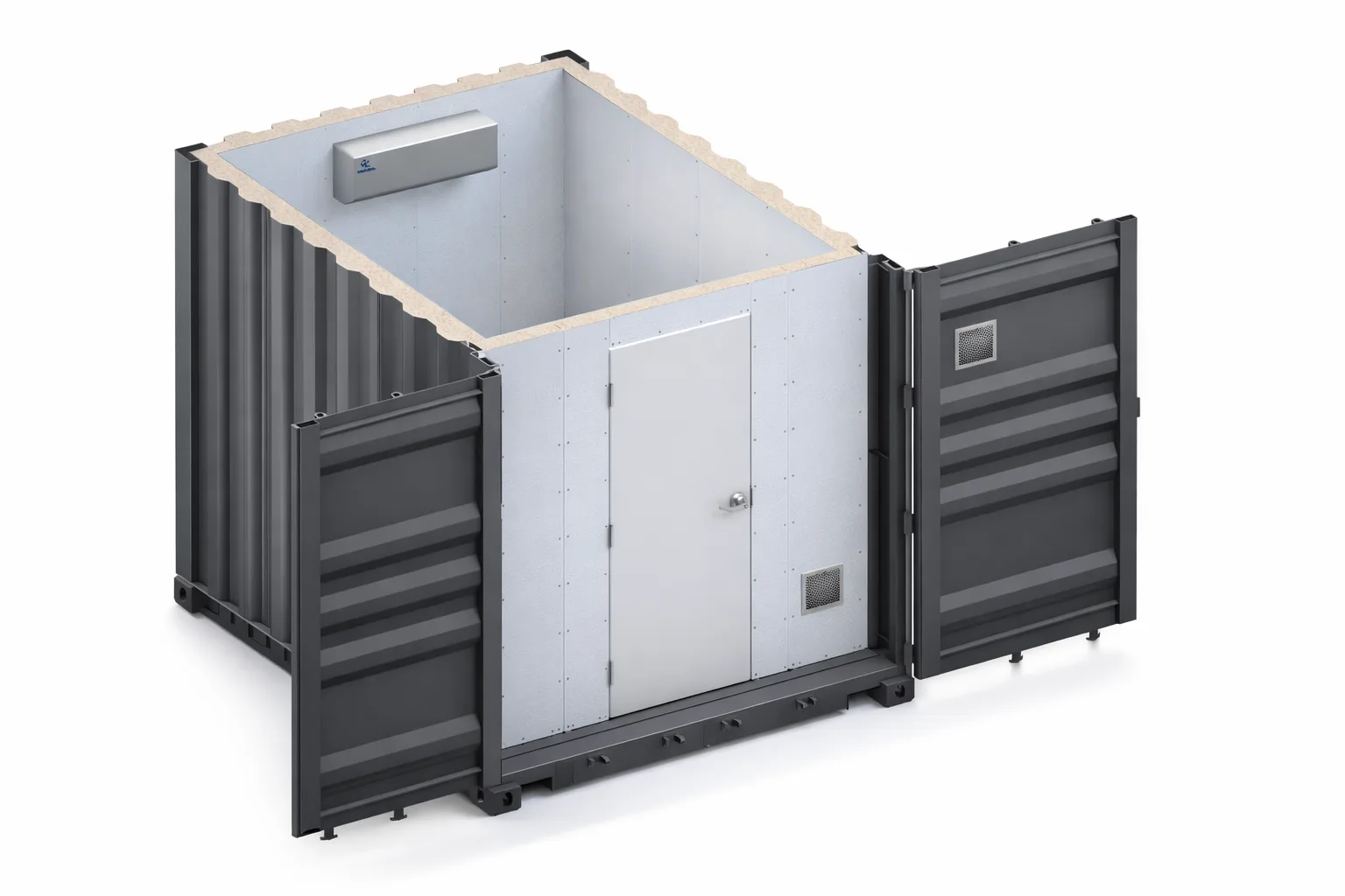 Shielded container shelter with insulated interior and secure door