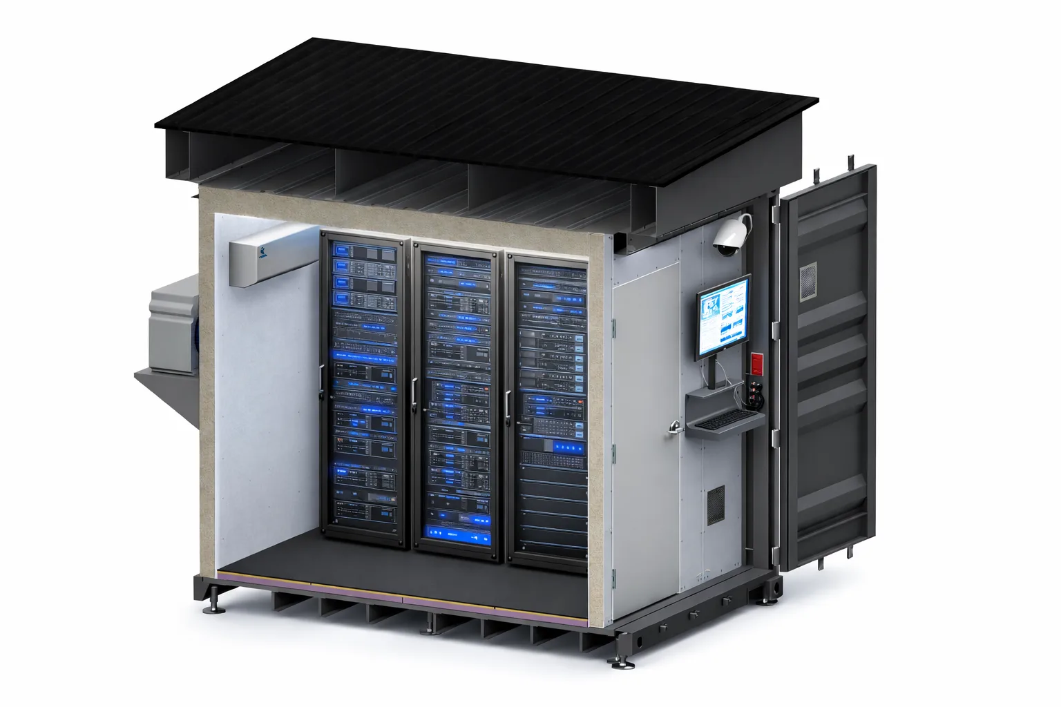 Cutaway of a secure container housing server racks and a workstation