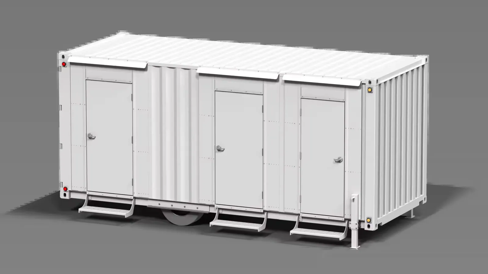 Container trailer conversion platform with three access doors and steps