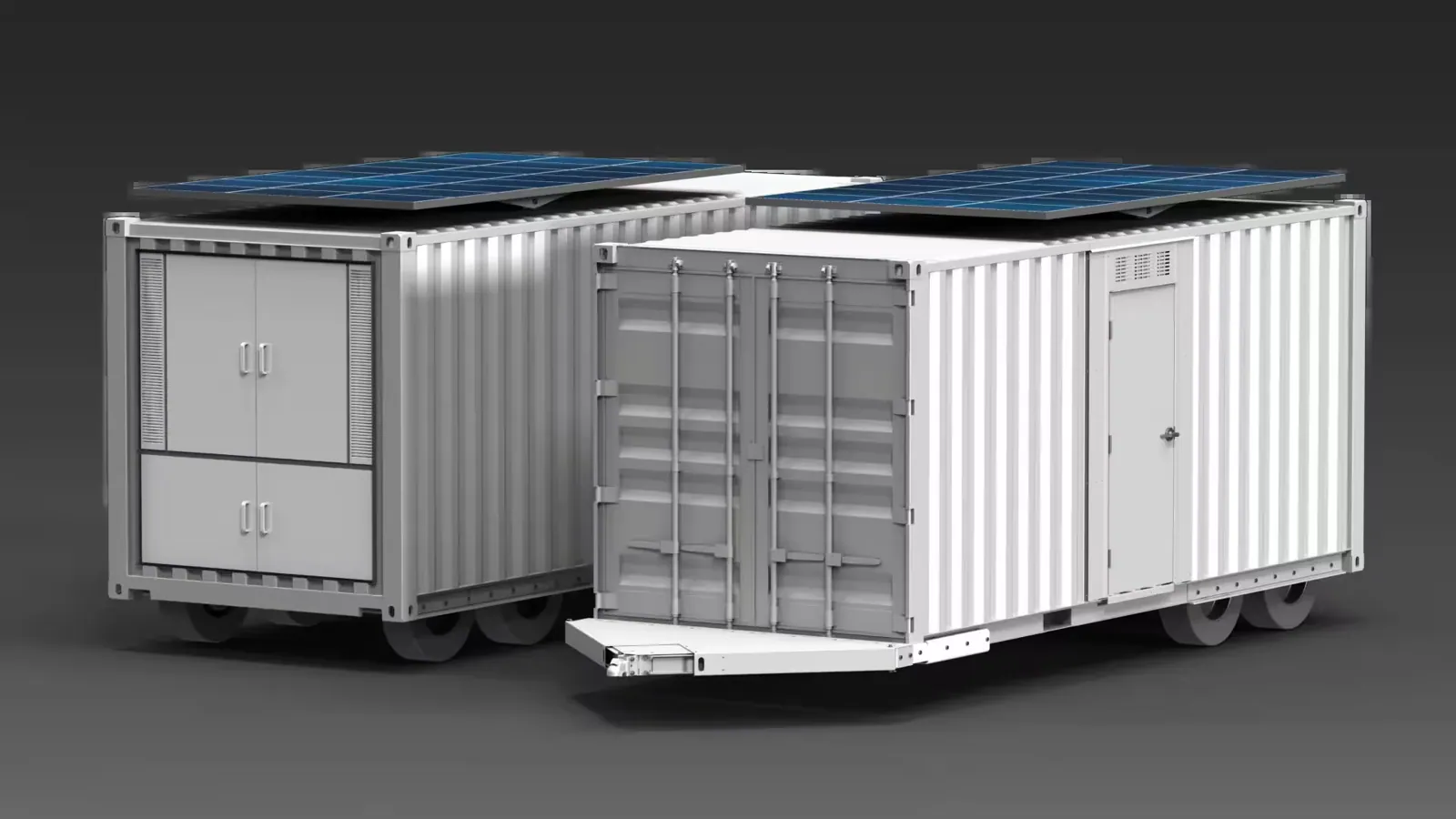 Two Insula container trailers with solar arrays, one with its ramp lowered